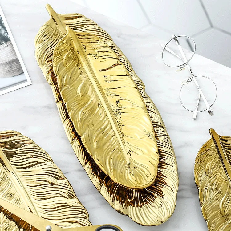golden feather enameling pottery plate for home decoration