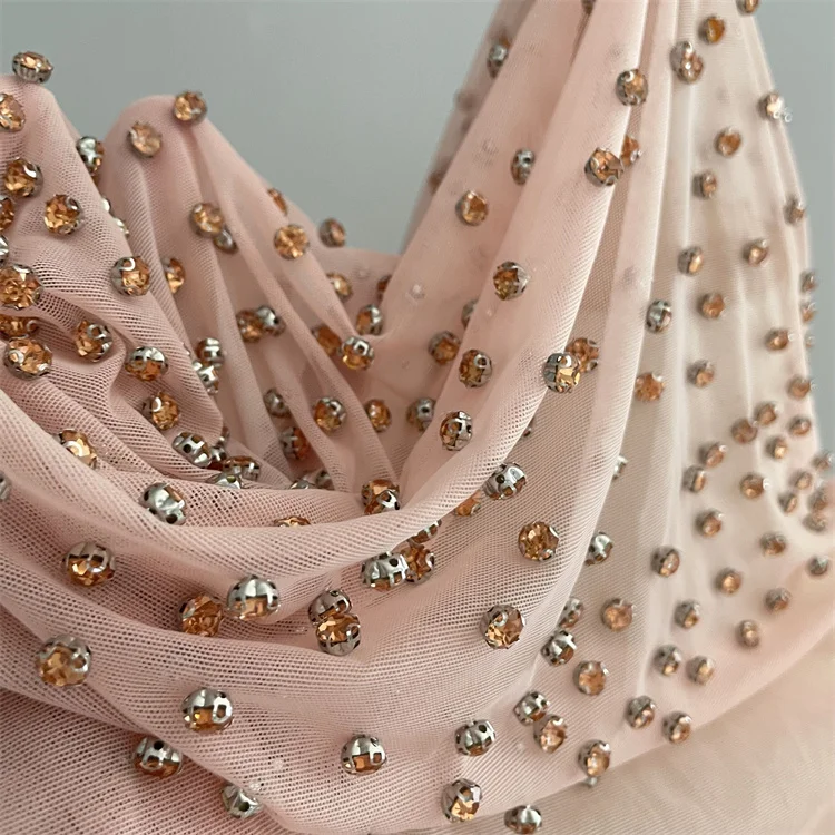High quality Evening dress heavy sexy beige rhinestone tulle lace fabric for women