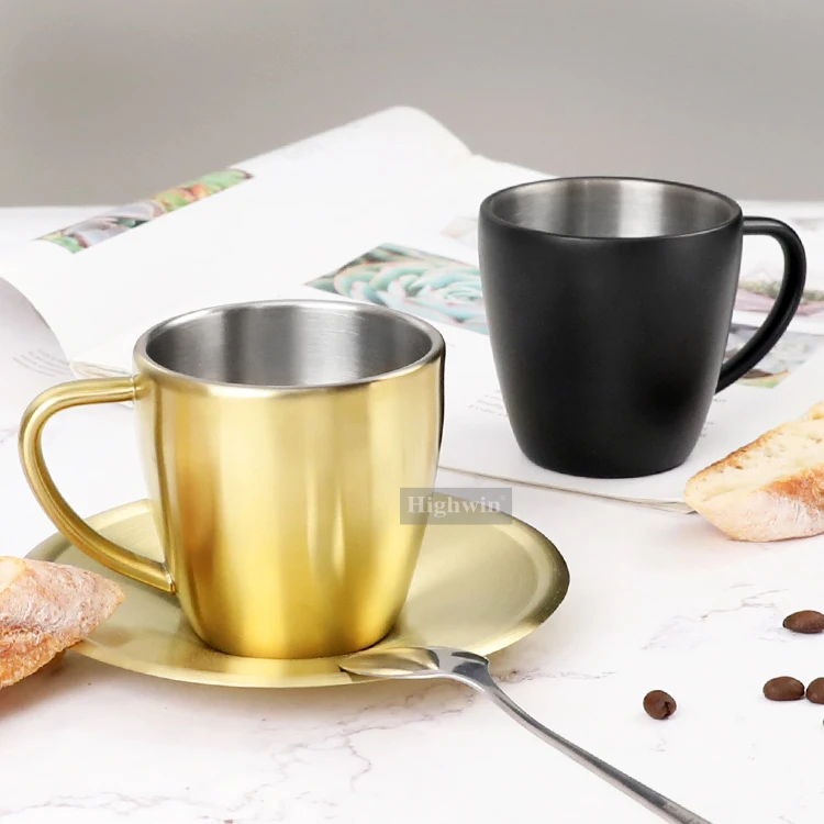 HIGHWIN Coffee Cups Set Stainless Steel Coffee Cup Double Walled Coffee Mug Optional with or without a saucer