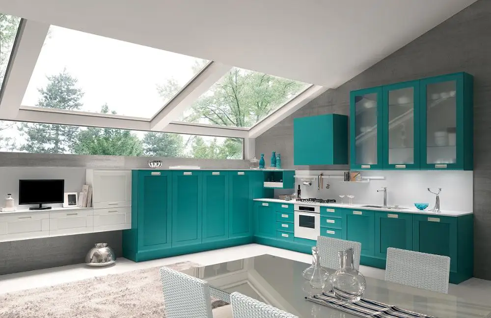 Modern style solid wood green color kitchen cabinet