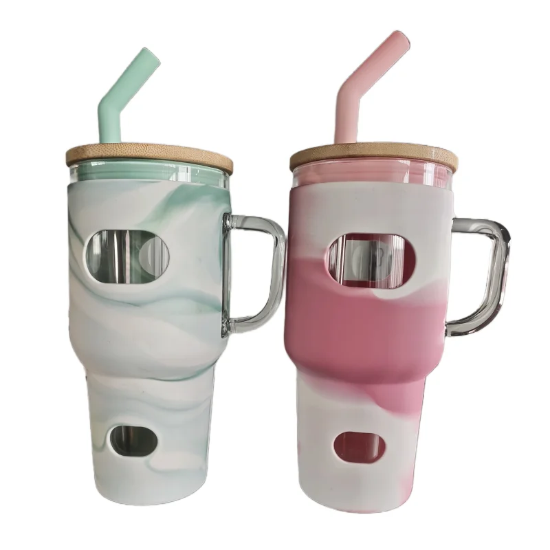 2024 New Borosilicate Glass Tumbler with Bamboo Lid Glass Water Bottles 320z 40oz 50oz Glass Cup with Handle