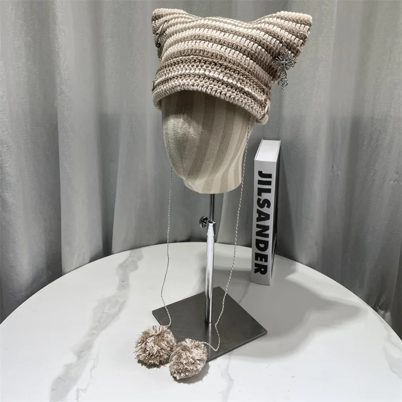 Korean Striped Knit Hat with Pom Warm Furry Ladies Winter hat Y2K Cute Cat Ear Beanie Hats