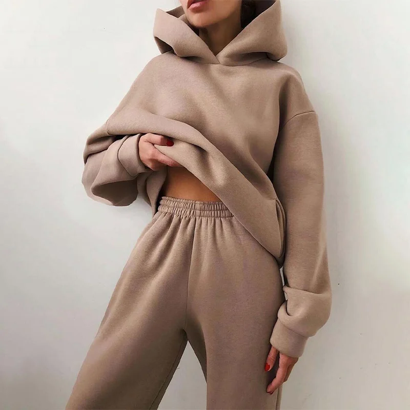 Solid Women Fleece-lined 2 Piece Set Suits Winter Warm Elegant Tracksuit Hoodies Oversize Pullover Sweatshirt Pants