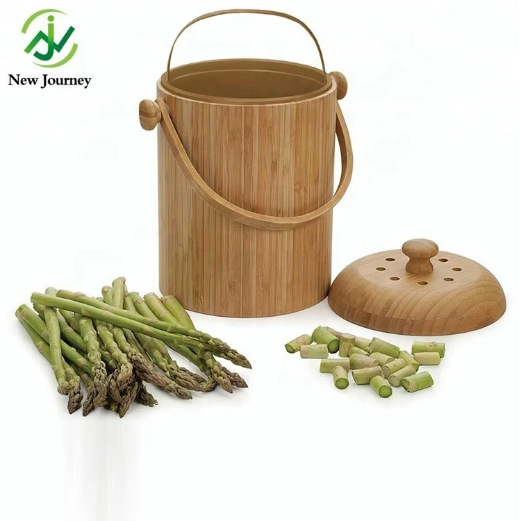 Wooden Dustbin Rubbish Bin Round Foot Pedal Garbage Food Waste Pail 3-Quart Bamboo Compost Pail For Kitchen