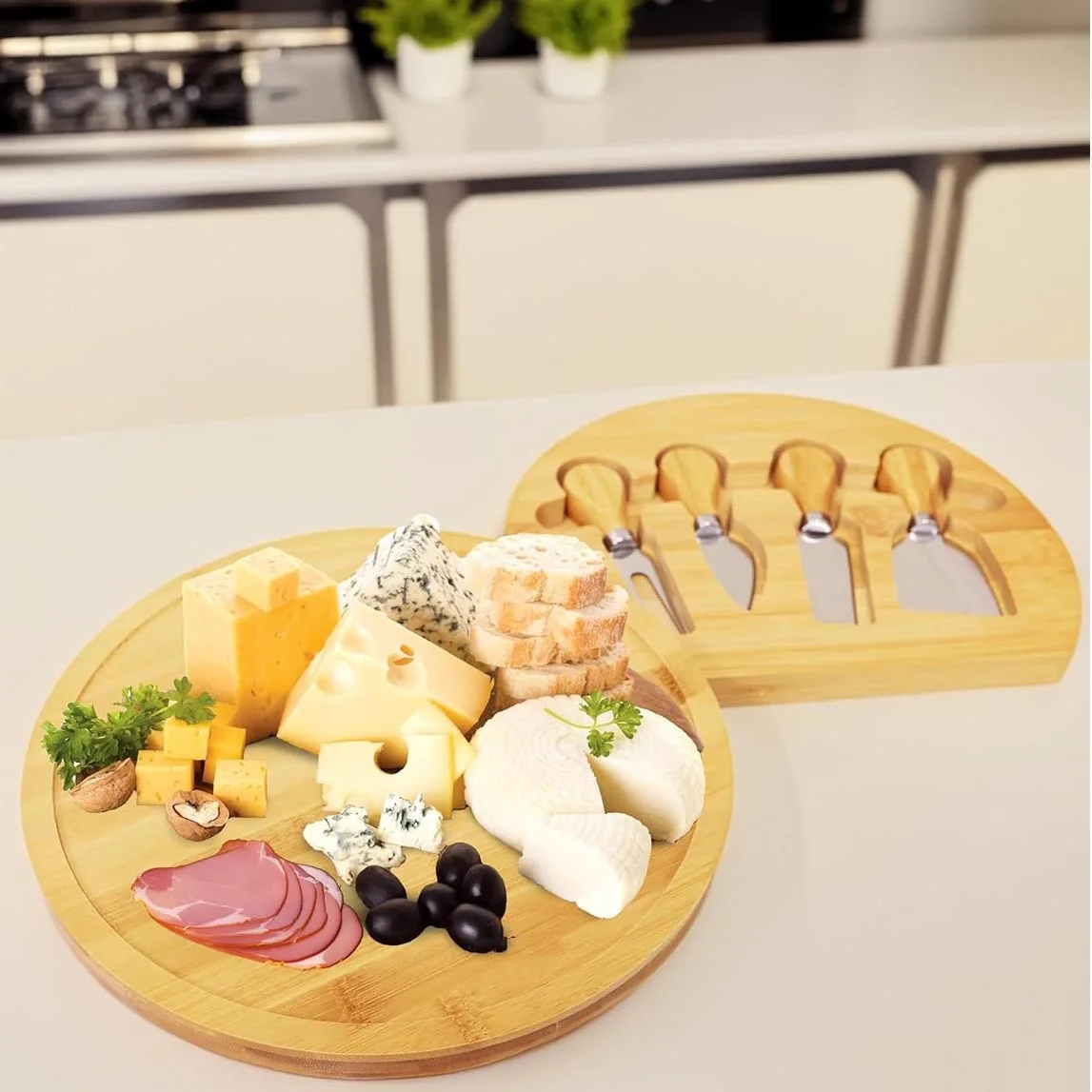 Custom Logo Eco-Friendly Durable Kitchen Charcuterie Round Cheese Board And Knife Set