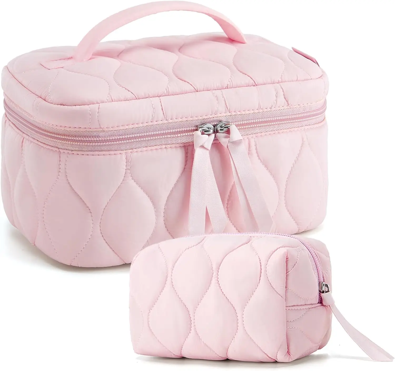 Large 2-Piece Travel Makeup Bag Cute Pink Puffy Quilted Cosmetic Cases Women Wide-Open Toiletry Pouch Travelling Essentials