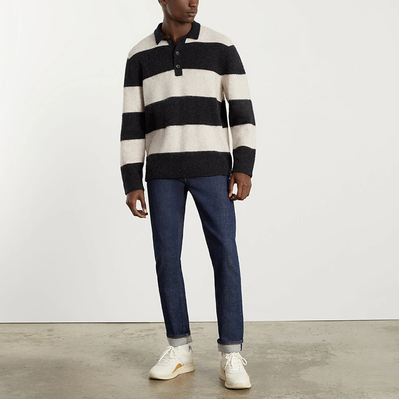 Wholesale custom winter men black and white striped long sleeve polo shirts Stretch Wool Rugby polo neck button Sweater