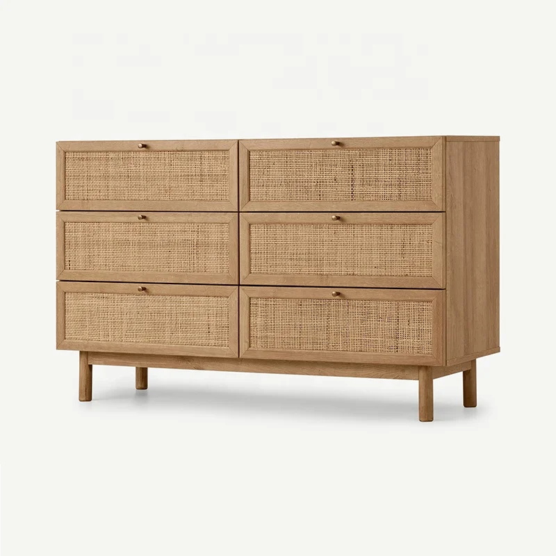 Rattan Furniture Modern Nordic Living Room TV Stand Kitchen 6 Wooden Chest Drawers Storage Cabinet