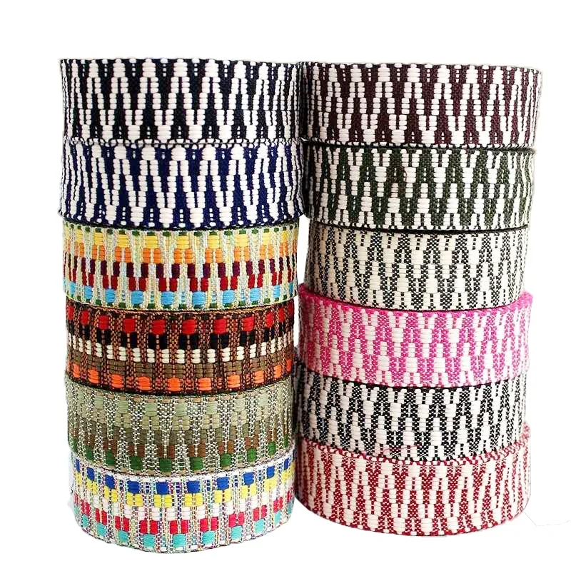 
1.5 inch wide boho style colored polyester woven webbing jacquard used for belt shoulder bag strap 