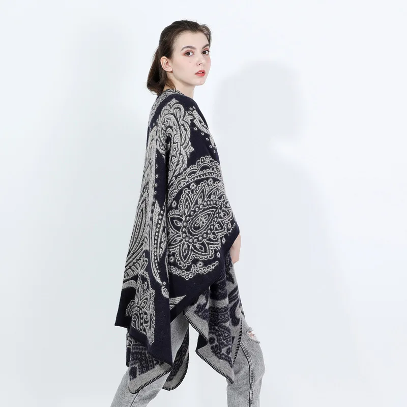 OEM Black Paisley  Acrylic Poncho Shawl New Black pattern women poncho  Classic Paisley Jacquard pattern Print  women  poncho