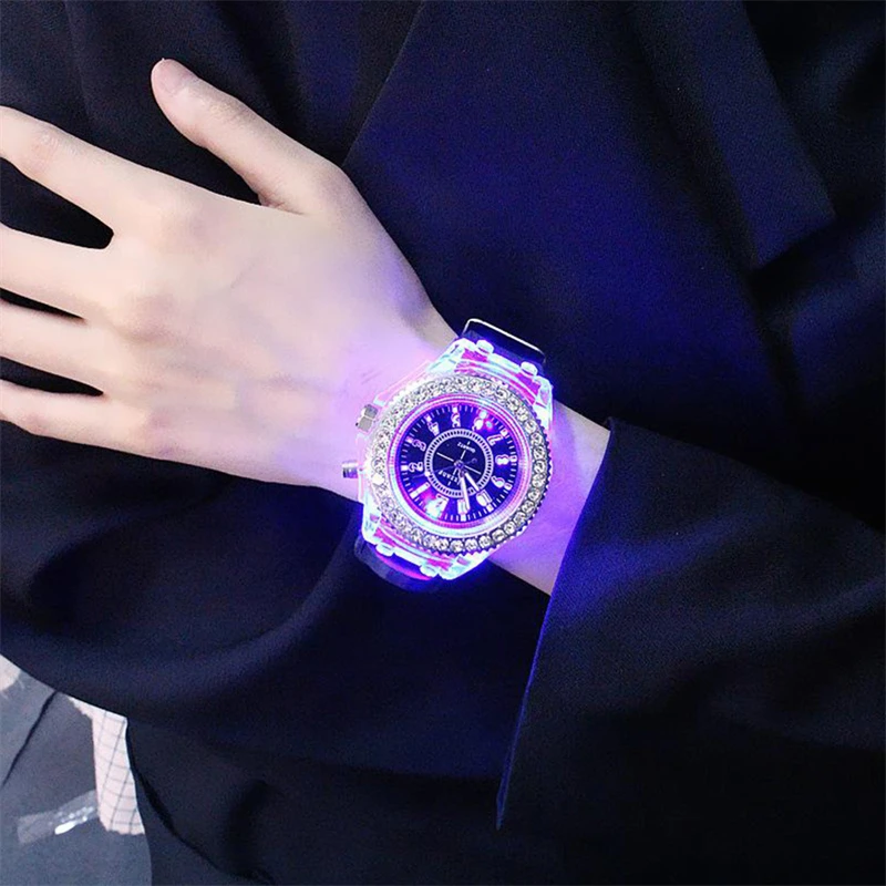 Colorful Rhinestone Led Luminous Glowing Sport Student Watches Quartz Candy Silicone Strap Watch For Couple