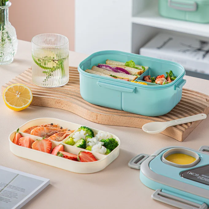 Custom logo Lunch Box Double Layer Portable Plastic Compartment Bento with Small Dipping
