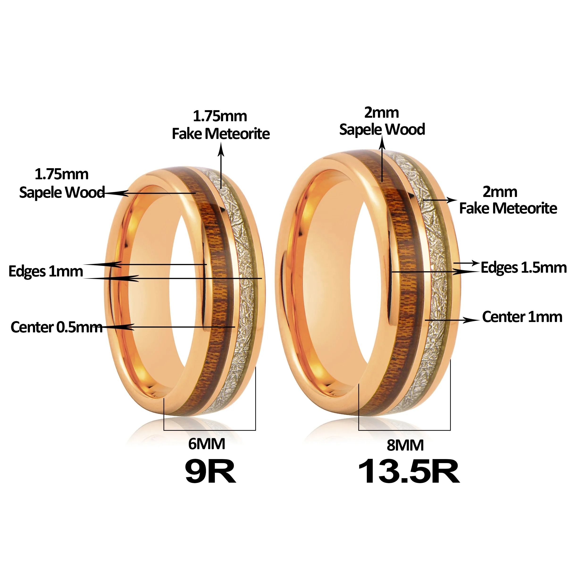 Couple Jewelry KOA Wood and Meteorite Tungsten Wedding Ring Rose Gold