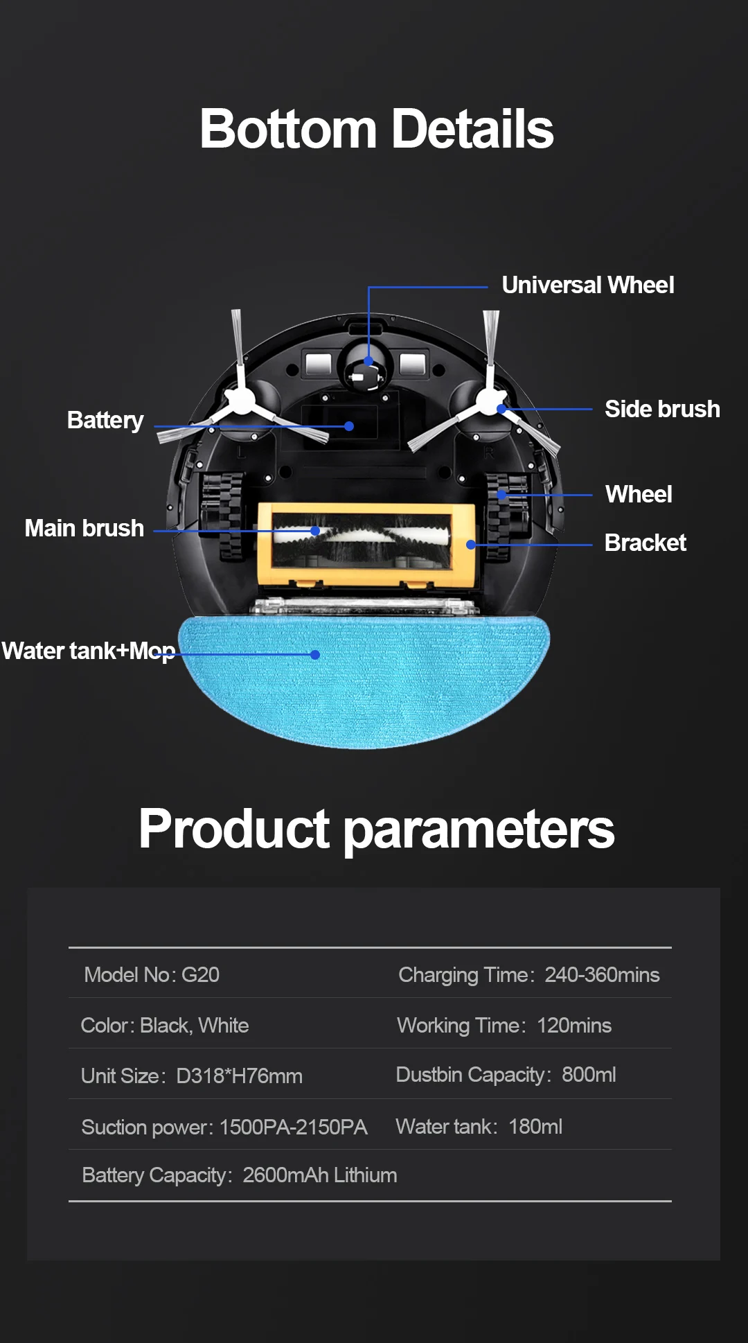 Robot Vacuum Cleaner G20S, 6000Pa Suction,Remote Upgrade, 2 in1 Wet Dry Mop, Wifi App, Smart Vaccum Auto Floor Washing for Home,