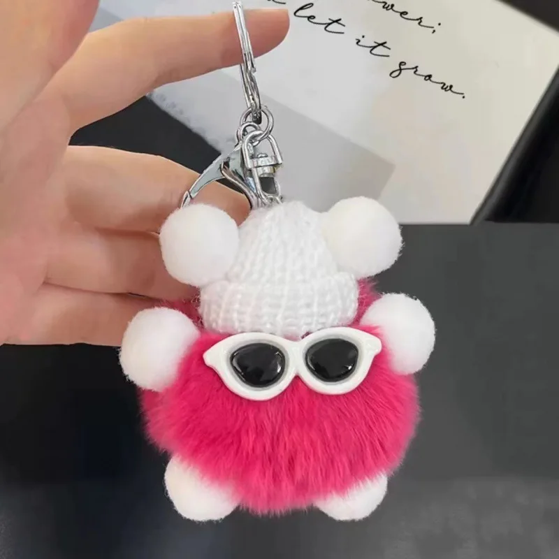 Wholesale New Cute Briquettes Plush Doll Keyring Pompom Keychains Rabbit Fluffy Fur Ball Key Chains For Women Girl Bags