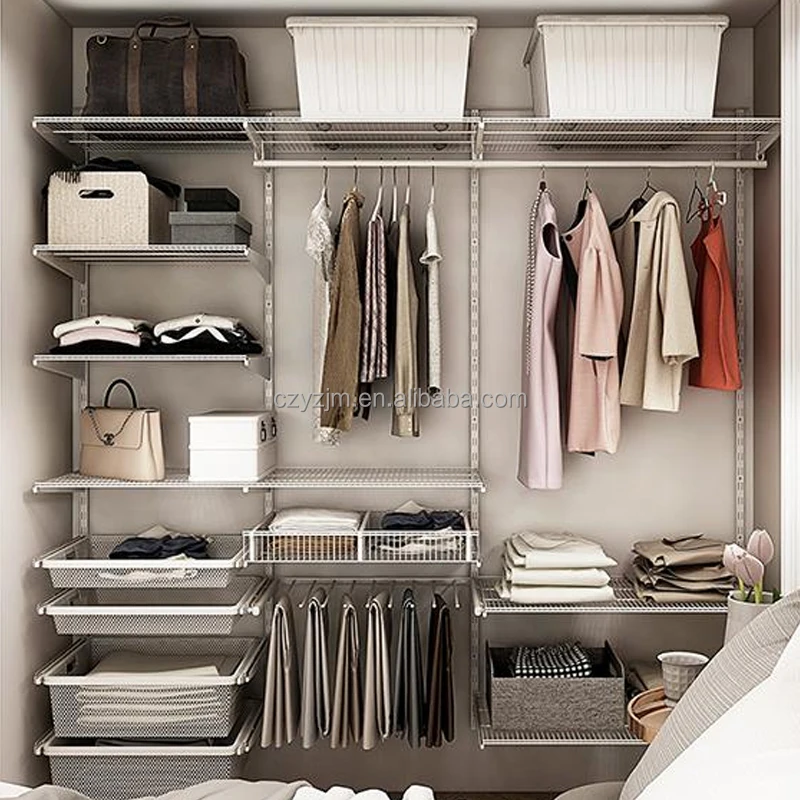 Modern Wall Mount Wardrobe Closet Storage Shelves Metal Steel Pull out Mesh Basket Pant Rack and Clothes Hangers for Bedroom