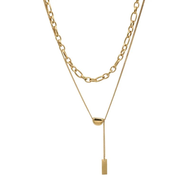 Korean Titanium Steel Necklaces Unique Bean Geometric Rectangle Tassel Pendants Double Layered Necklace for Women Jewelry