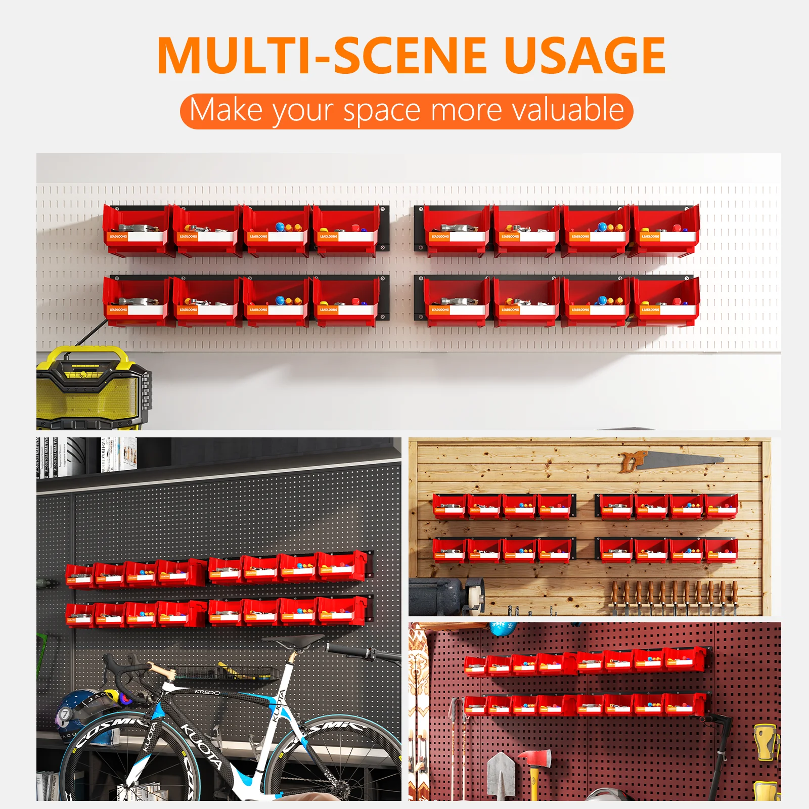 LEADLOONG Red Metal Durable Wall Mount Organization 49.7*11.4 CM/19.6*4.5 INCH Plastic Garage Part Organized Parts bin with Rack