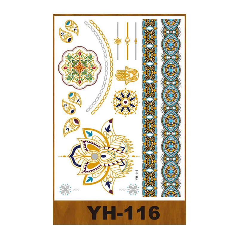 Waterproof Flash Metallic Tattoo Sticker Gold and Silver Fashion Design for Women Temporary Henna Printed on Paper Material