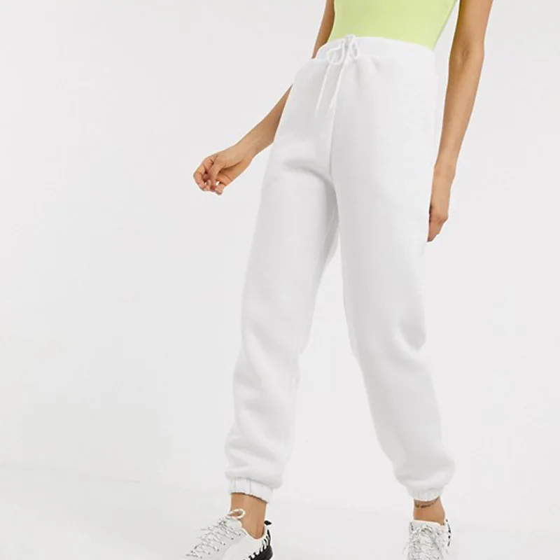 Ladies New Fashion Plain White Side Pockets Heavy Cotton Sweatpants Cargo Pants Women