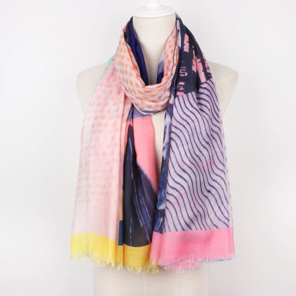 Оптовая продажа, индивидуальный логотип, ретро вискозный цифровой принт, Дамский дизайнерский шарф Дубай, шаль