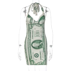 New Fashion Dollar Printing V-neck Backless Halter Girl Dress Wholesale
