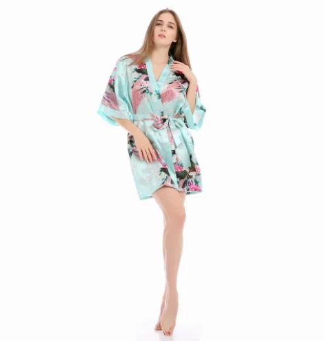 Wholesale ladies peacock short cardigan silk satin robes for luxury women home wear