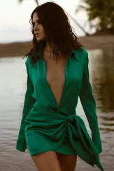 Women Elegant Point Collar Oversize Cuffs Emerald Satin Classic Button-down R&b Style Wrap Mini Skirt Sexy Waist Tie Shirt Dress