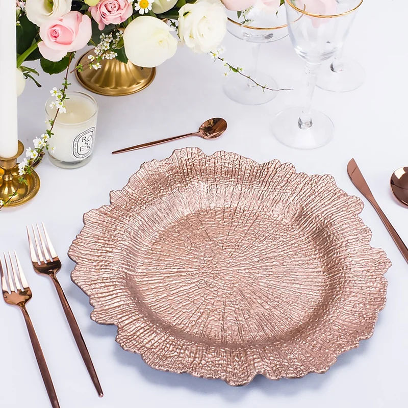 luxury silver gold reef rimmed pink black coral plastic glass charger plates dining wedding decoration plate chargers decorative