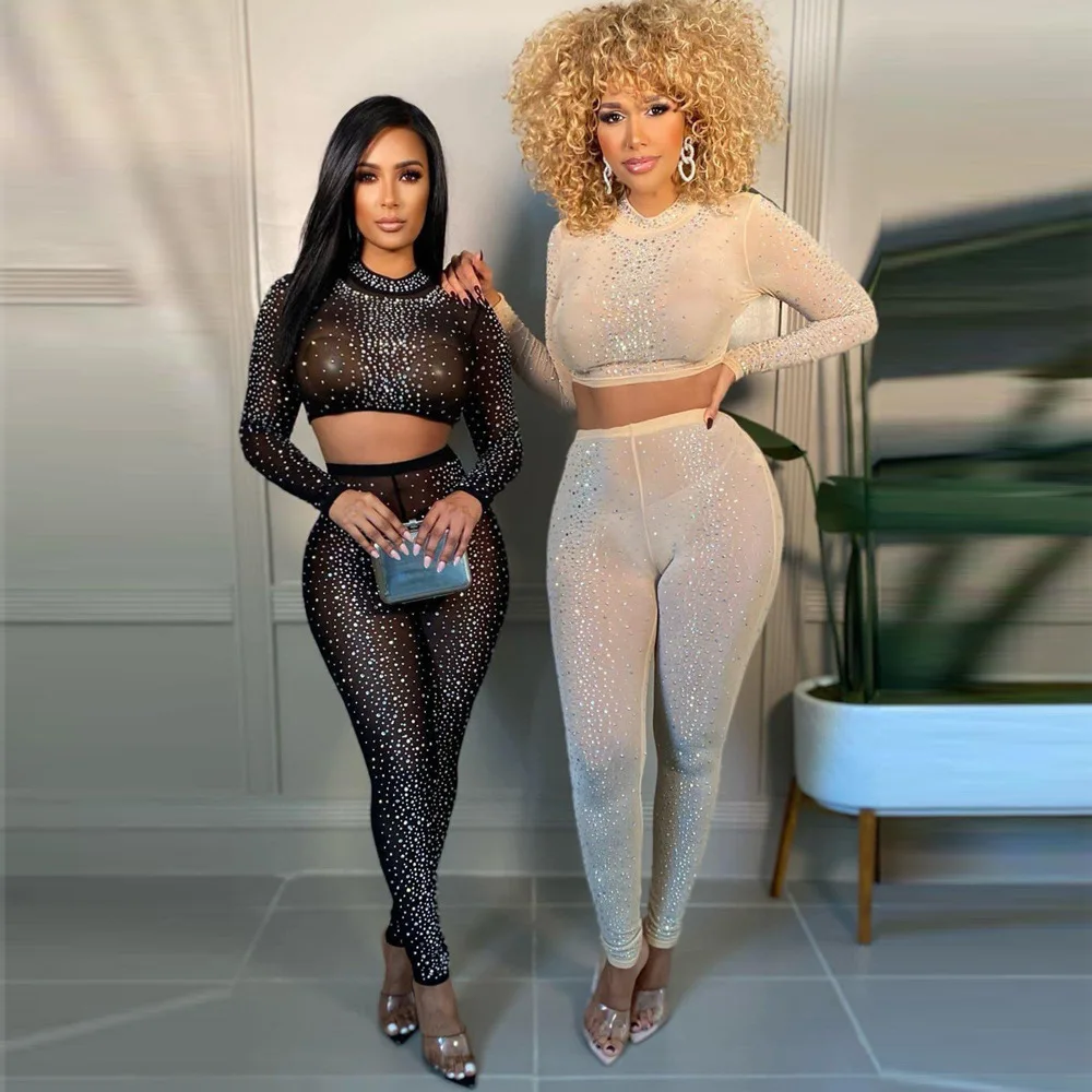 2022 R11126 - pants and crop top sexy rhinestones mesh see through transparent sheer long sleeve women outfits plus size