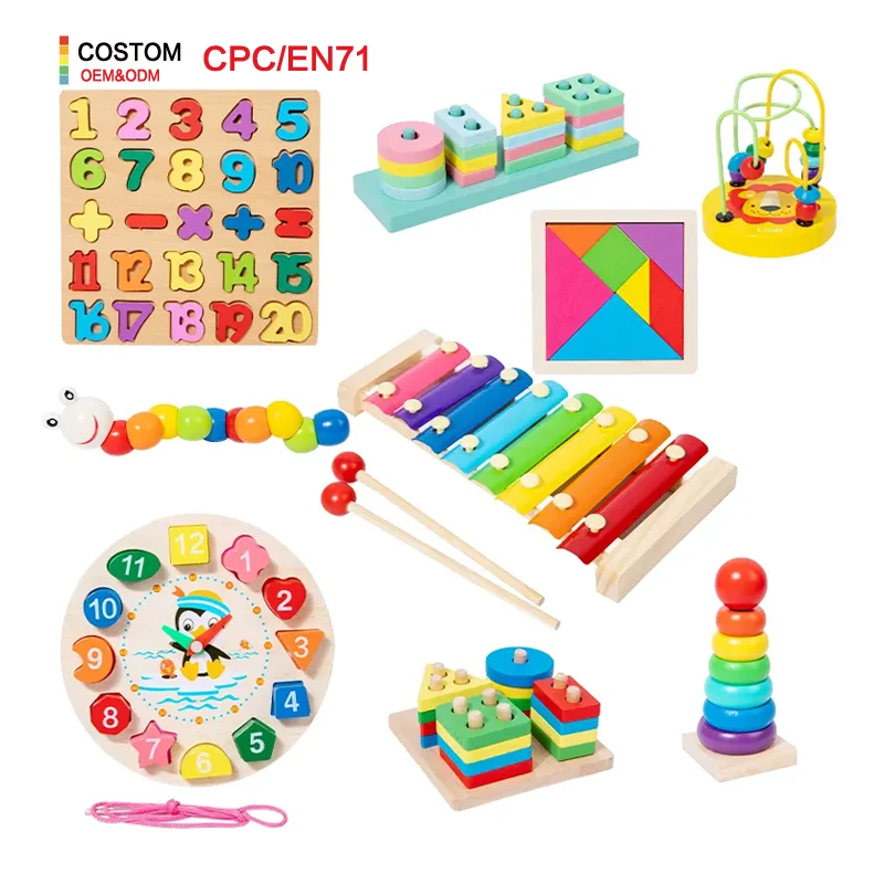 Montessori Number Matching Stacking Building Block Clock 3D Puzzles Board Game Musical Educational Toys Sets For Kids Boys Girls