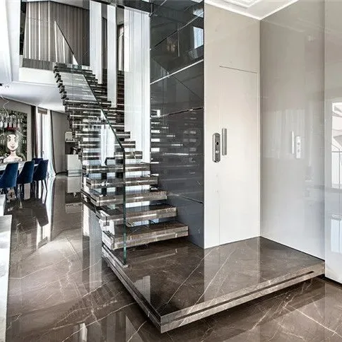 OEM/ODM Custom Natural Marble Floating Curved Staircase Modern Indoor Panda White Marble tiles for Stair Treads Design