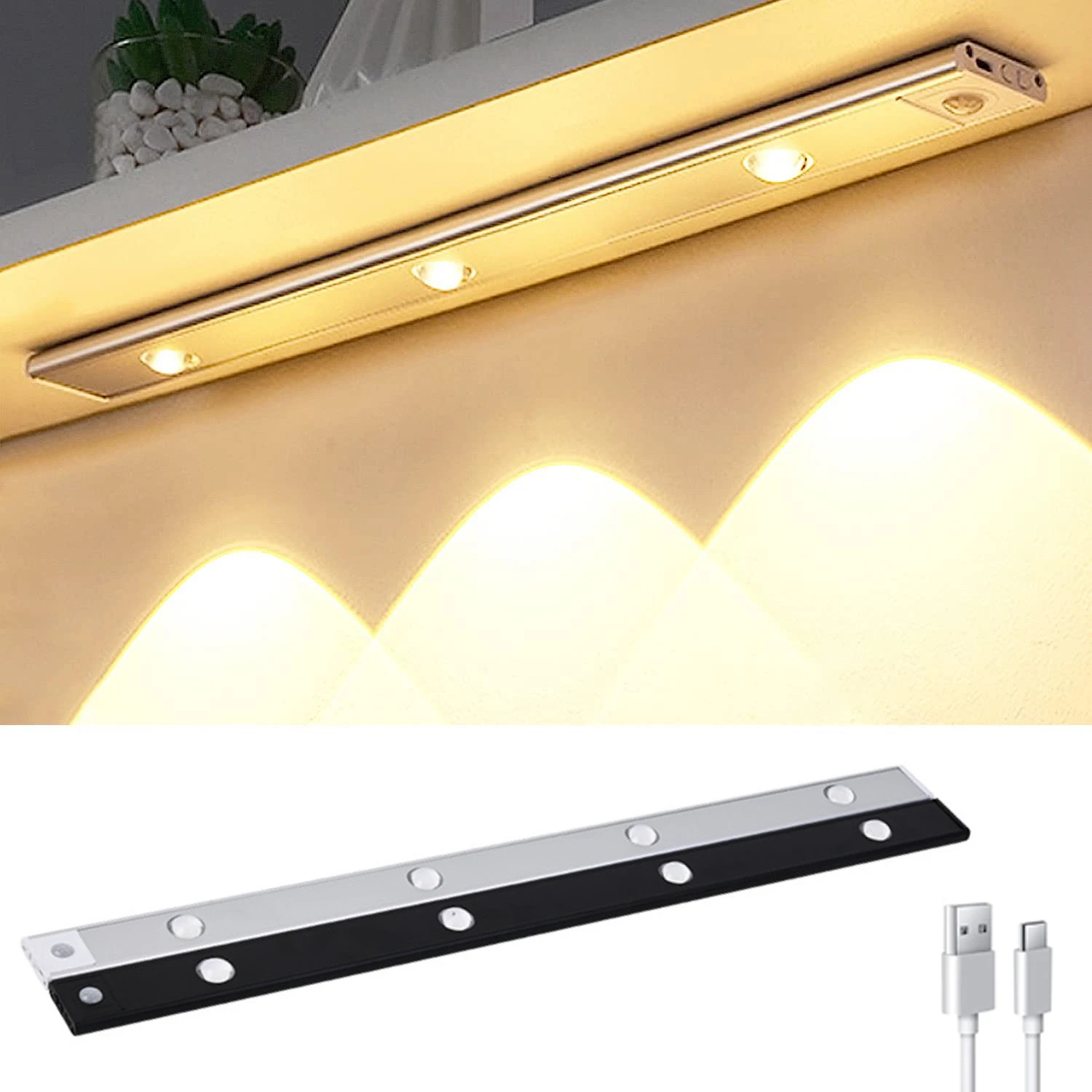 Under Cabinet Lights LED Motion Sensor Light USB Rechargeable 3 Color Modes Dimmable Hill Light for Kitchen Wardrobe Closet