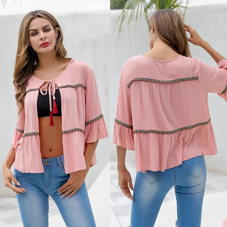 women clothing Sweet pink thin coat flared sleeves lace-up tassel stitching colorful ribbon cardigan top