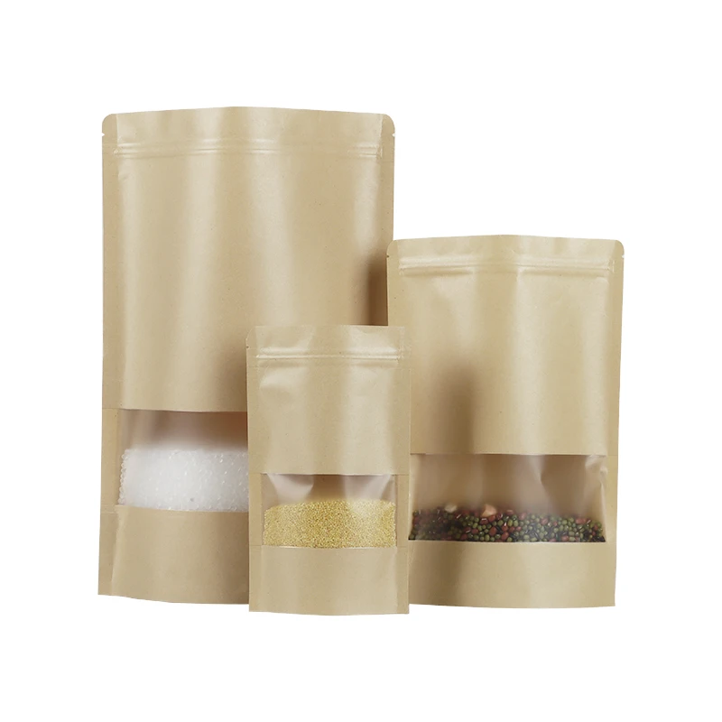 Reusable Stand Up Pouch Food Grade Kraft Paper Bags With Window Eco Friendly Packaging For Food