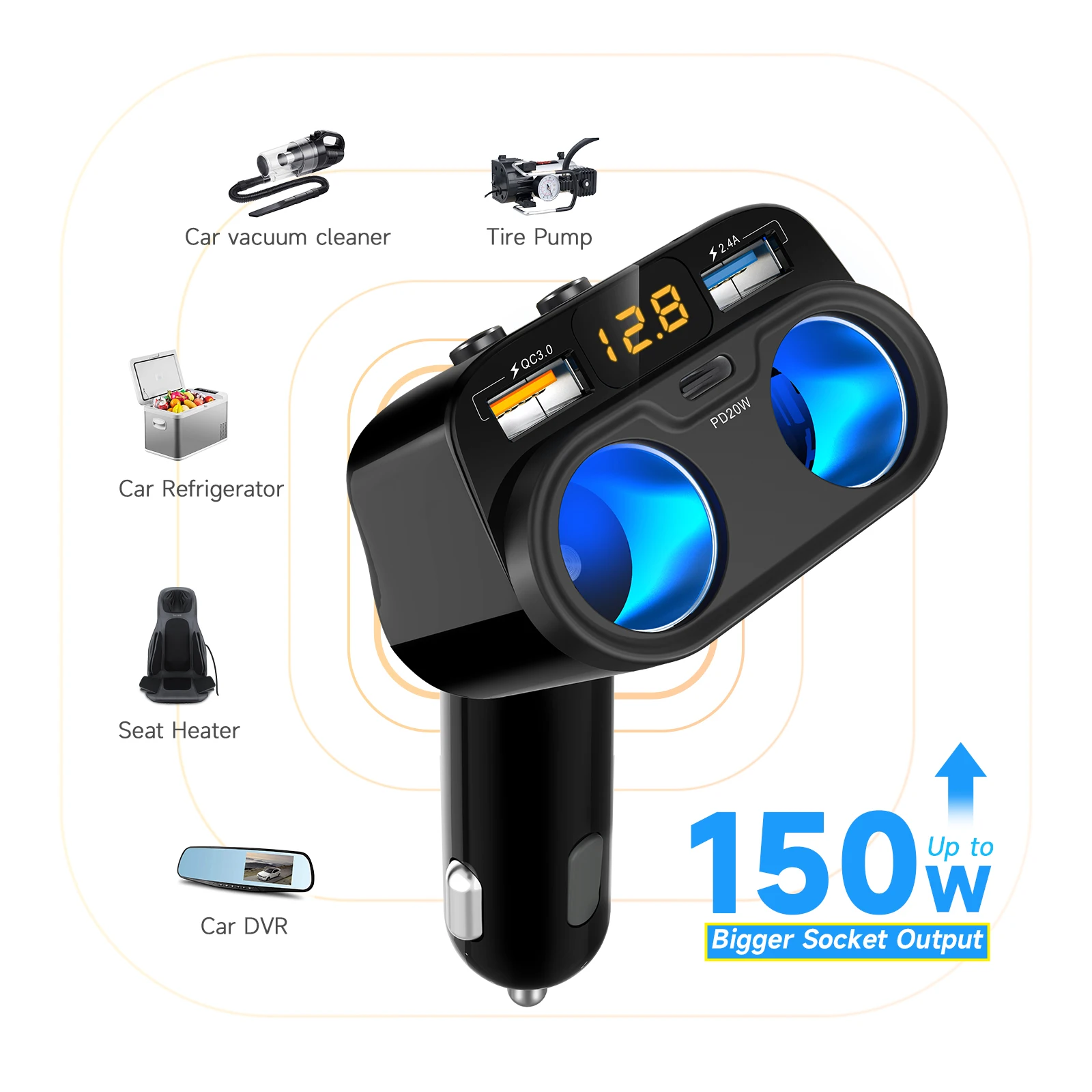 Адаптер для прикуривателя C47PQ 200 Вт со светодиодным вольтметром и двойным USB QC3.0 PD20