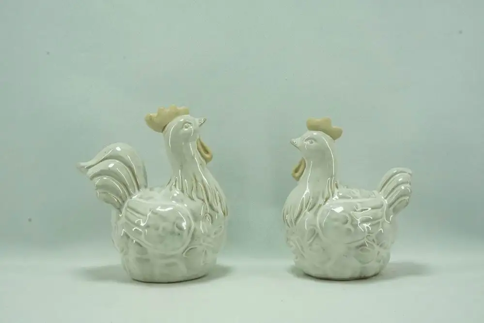 Pristine White Ceramic Cock Pair, Ornate Tail Feather Design, Kitchen Adornment