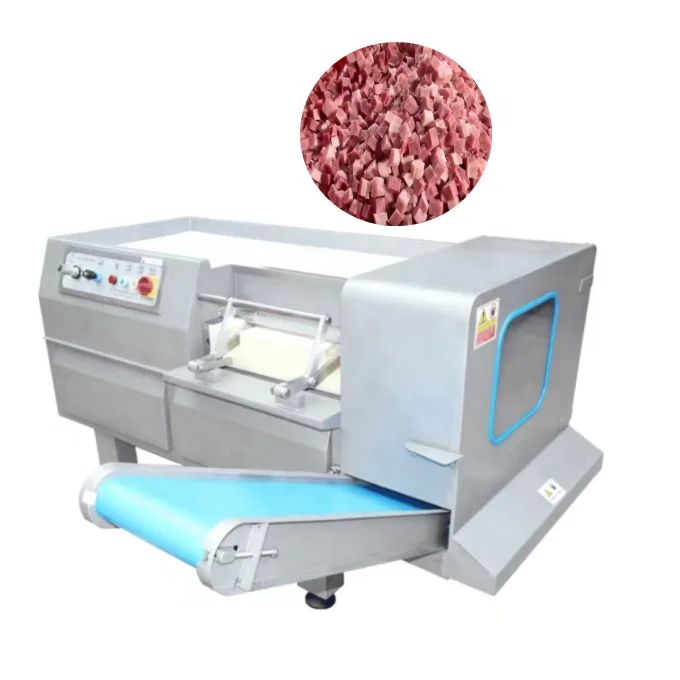 Good Cubes Output Fresh and Frozen Chicken Meat Banana Fruit Dicing Cutting Machine with Discharging Belt Conveyor