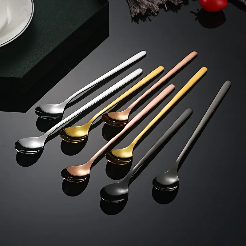 Golden Round Stainless Steel Teaspoon Long Handle Tea Spoon Latte Mixing Gold Cutlery Spoon Set Ice Cream Coffee Spoons