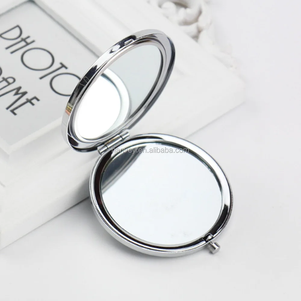 Wholesale promotion gift custom pattern round pocket fold cosmetic rose gold stainless steel metal makeup mirror