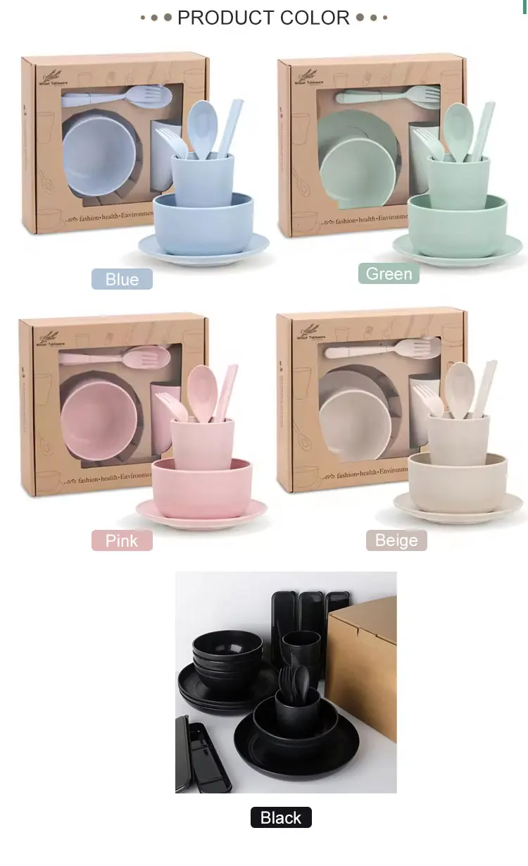 Plates and Bowls Spoon Fork Knife Set Wheat Straw Plastic Dinnerware Tableware Set