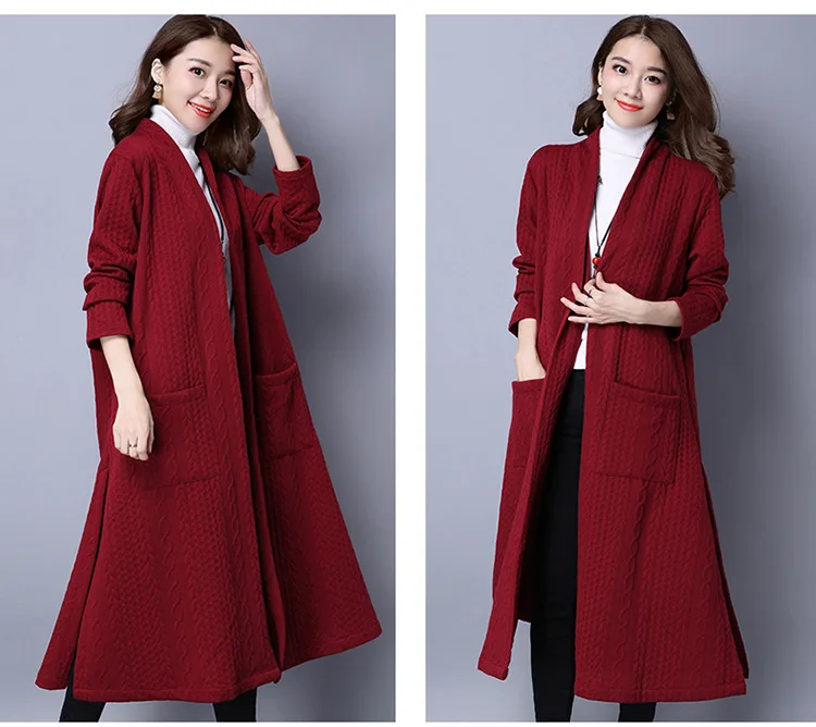 JACKETOWN High quality winter girls red thick long sleeve cardigan split women long knitted sweater cardigan coat