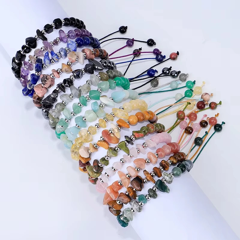 Fashion Natural Crystal Stone Bracelet Crystal Chips Natural Stone Tiger Eye Amethyst Macrame Cord Adjustable Gem Lucky Bracelet