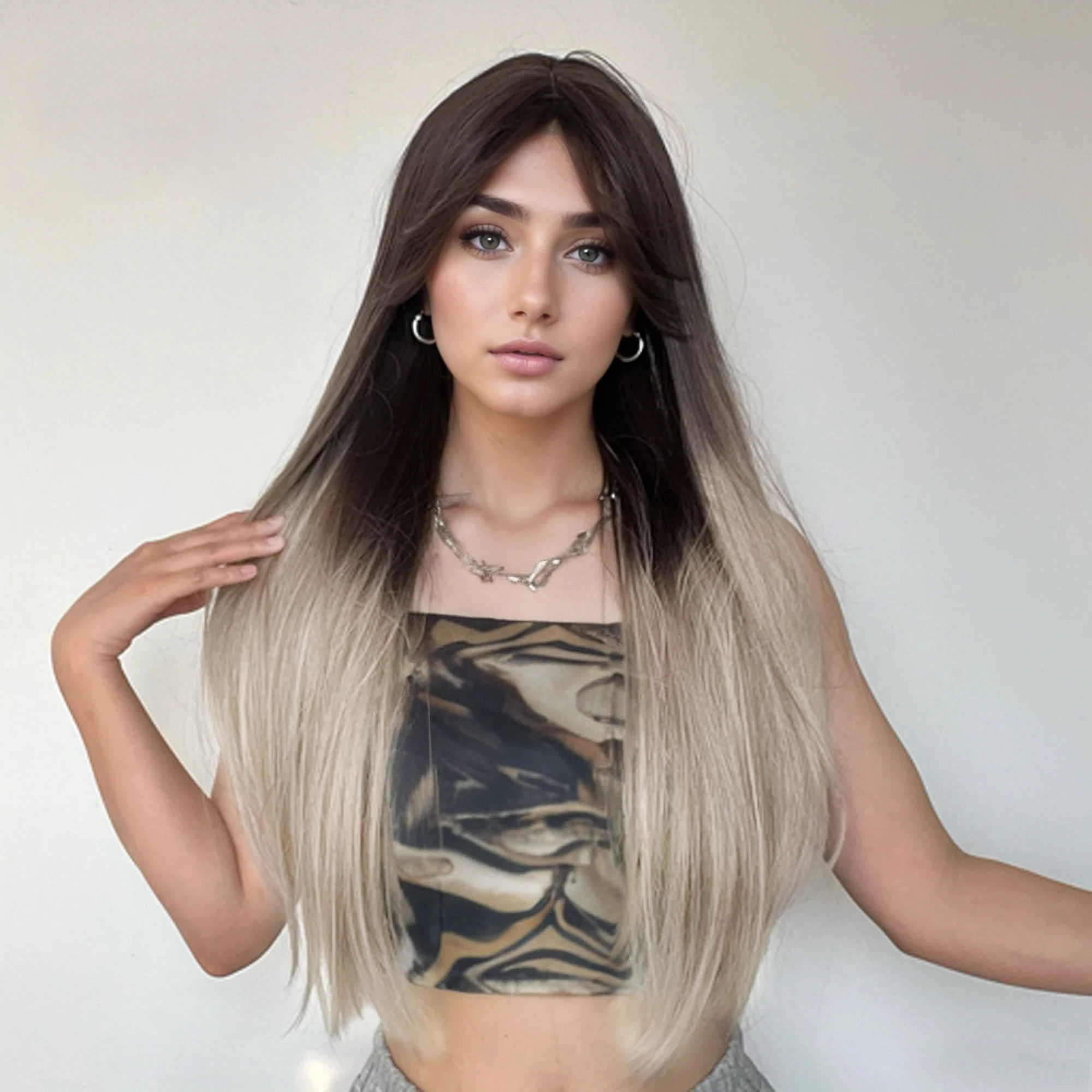 Long Straight Premium Ombre Grey Synthetic Wig with Dark Roots High Temperature Fiber Cosplay Wigs for Women Natural Looking