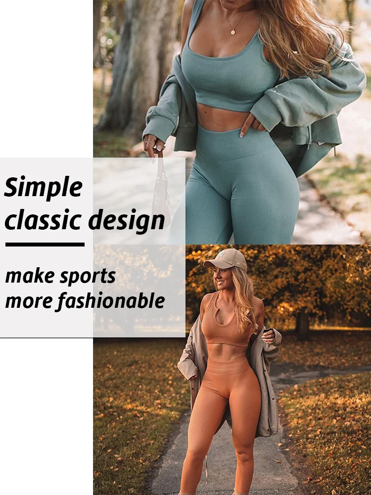 Workout Exercise Outfits Gym Clothes Women 2 Piece Ribbed Seamless Yoga Set Sports Bra Crop Tank High Waist Yoga Leggings Set