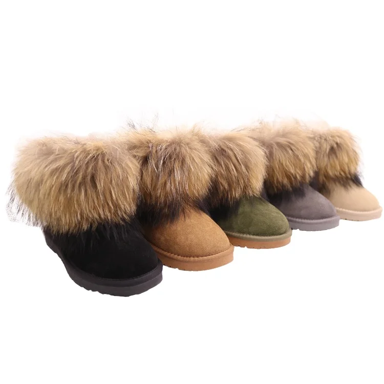 B054 Genuine Leather Lining Sheepskin Natural Colored Racoon Fur Outside Antiskid Snow Boots Manufacturers,Snow Boots Women