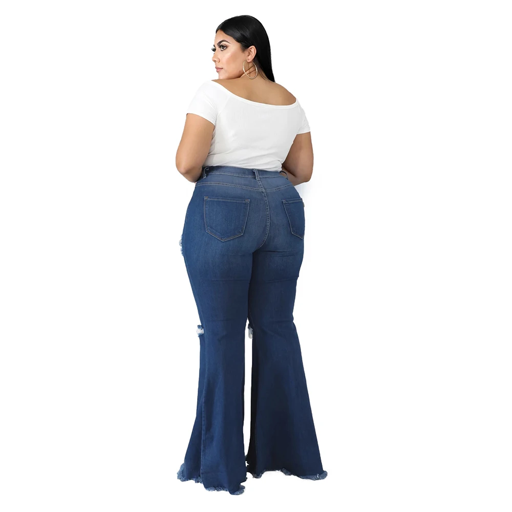 
Fashion plus size High waist stretch butt lifting distressed knee hole denim baggy wide leg flare jeans pants 