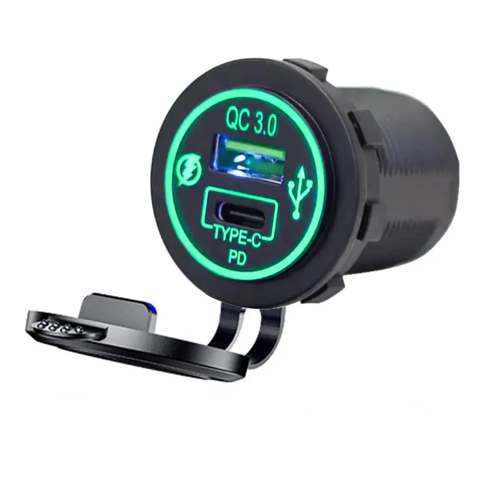 12V/24V Car USB Charger Socket PD Type C + QC 3.0 Power Outlet with Spring Cover Dual Ports Fast Charging for Motorcycle ATV RV
