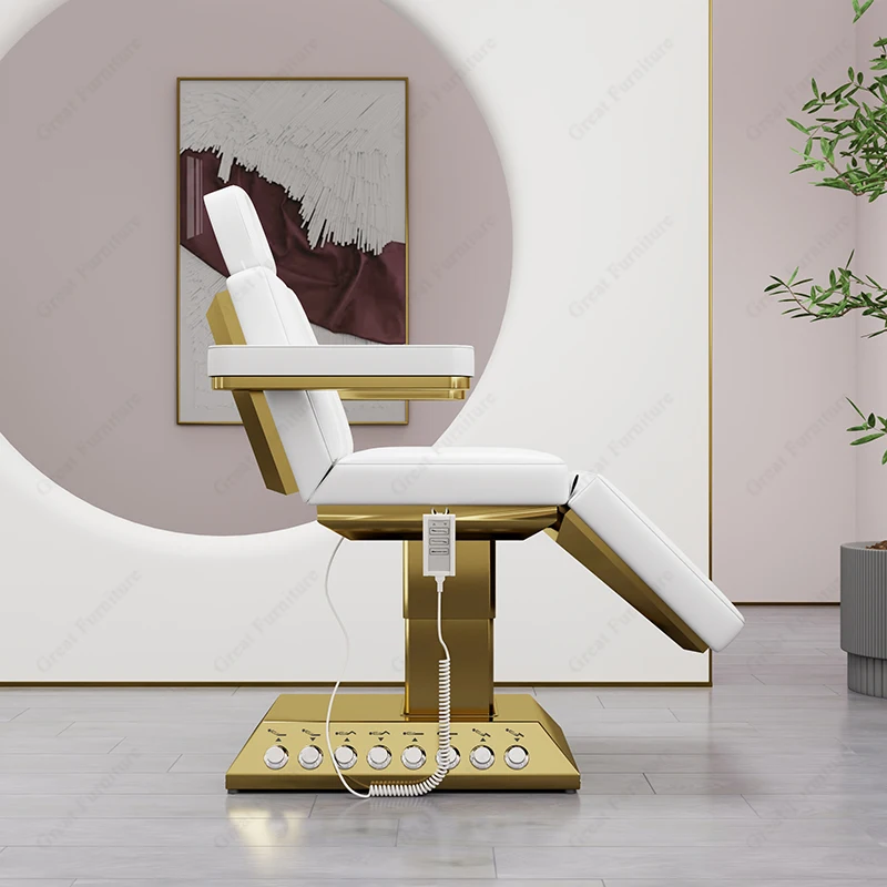 Luxury White PU Leather Electric Massage Table Gold Stainless Steel Base Massage Facial Beauty Spa Bed With 4 Motors