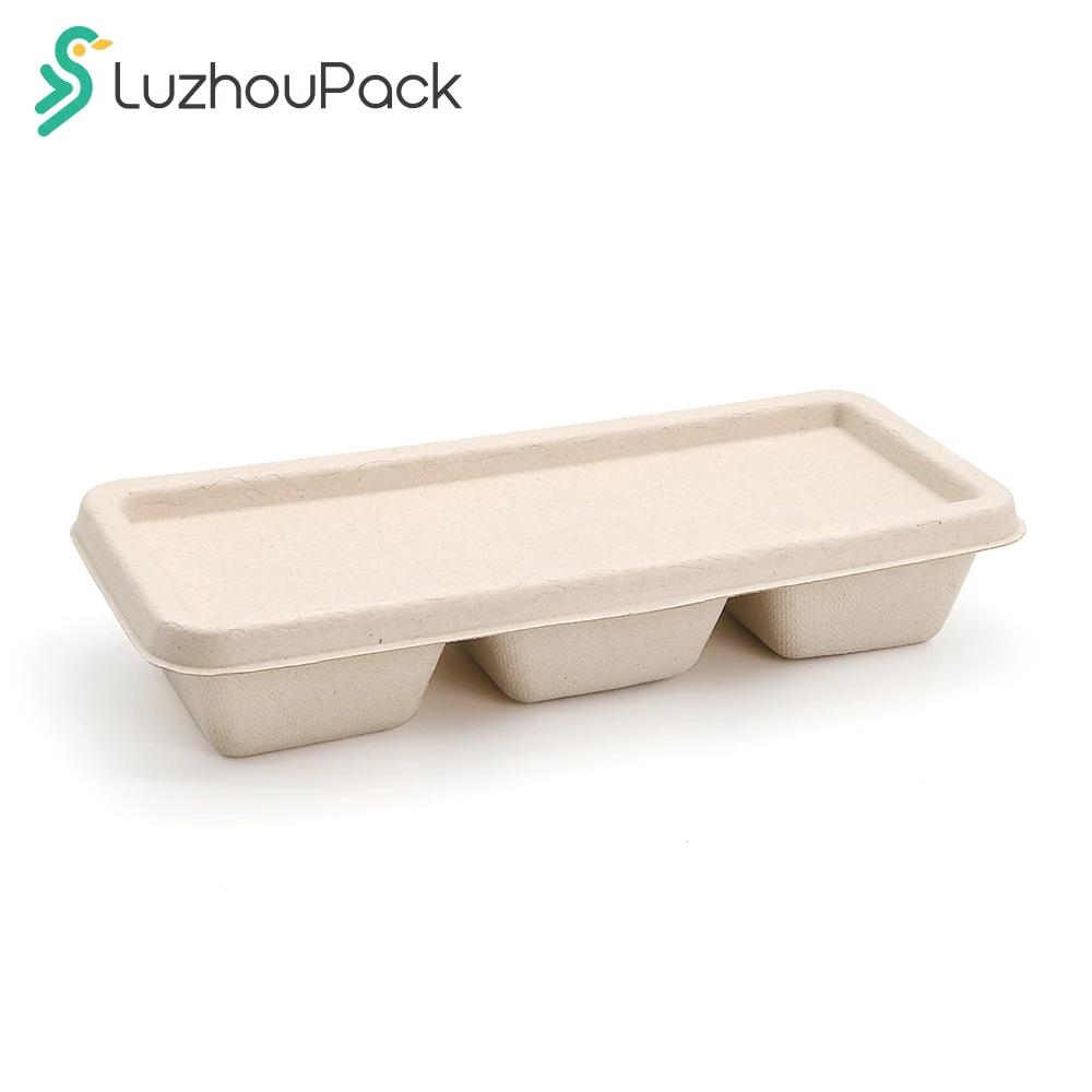LuzhouPack 3 Compartments Biodegradable Disposable Dinnerware Sugarcane Bagasse Paper Appetizer Box with Lid Sauce Cup